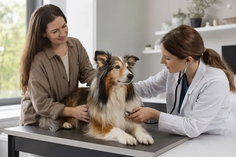 Ein Highland Collie liegt ruhig auf einem Untersuchungstisch, während eine freundliche Tierärztin ihn mit einem Stethoskop untersucht.