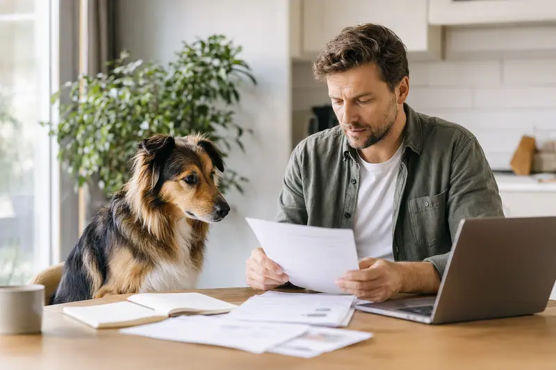 Ein Highland Collie sitzt entspannt neben seinem Besitzer am Tisch, auf dem Laptop und Versicherungsunterlagen liegen.
