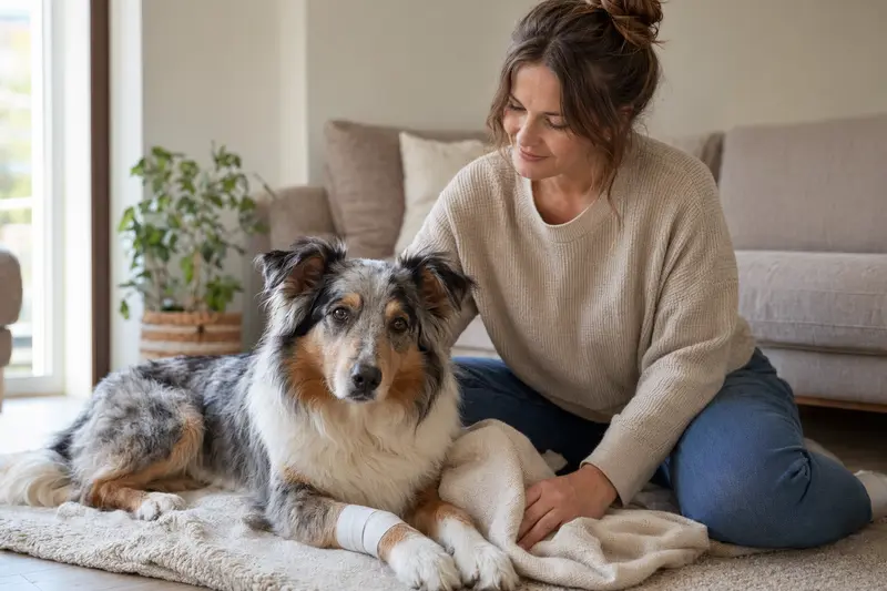 Ein Highland Collie mit Verband an der Pfote liegt neben seinem Besitzer in einer hellen Wohnung, während dieser erleichtert wirkt.
