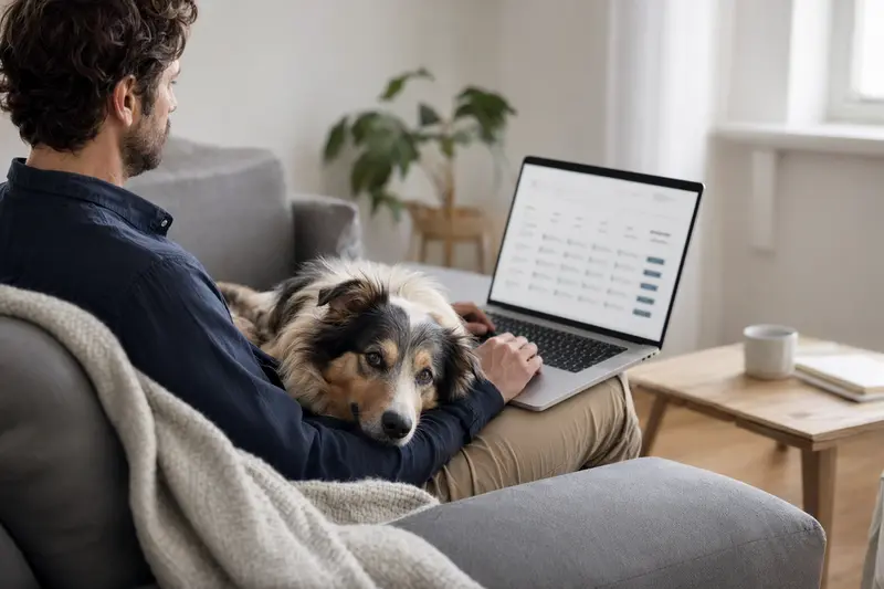 Ein Hundebesitzer sitzt mit einem Highland Collie auf dem Sofa und vergleicht Online-Tierkrankenversicherungen.