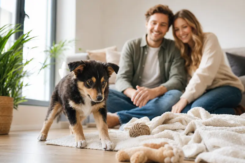 Ein neugieriger Highland Collie Welpe erkundet seine neue, liebevolle Umgebung mit einer weichen Decke und Spielzeug.