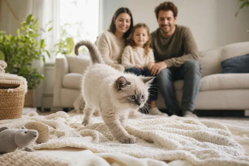 Ein neugieriges Himalaya-Katzen Kitten erkundet voller Freude sein neues Zuhause mit weicher Decke und Spielzeug.