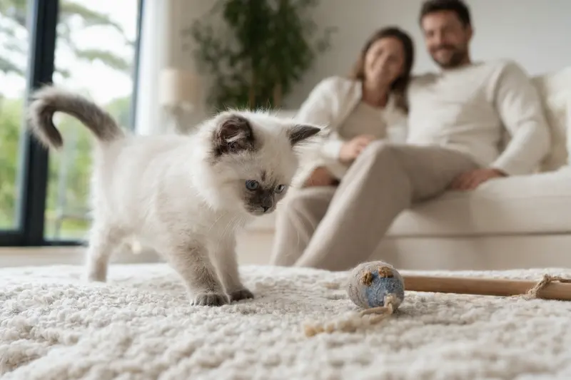 Ein neugieriges Himalaya Katzen Kitten erkundet spielerisch sein neues Zuhause mit einer weichen Decke und Spielzeug, während eine liebevolle Familie im Hintergrund zu sehen ist.