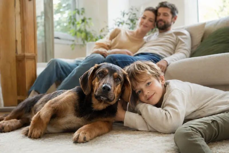 Ein freundlicher Hochgebirgsbracke-Hund liegt entspannt neben einem Kind im hellen Wohnzimmer, während die Eltern im Hintergrund für eine sichere Familienatmosphäre sorgen.