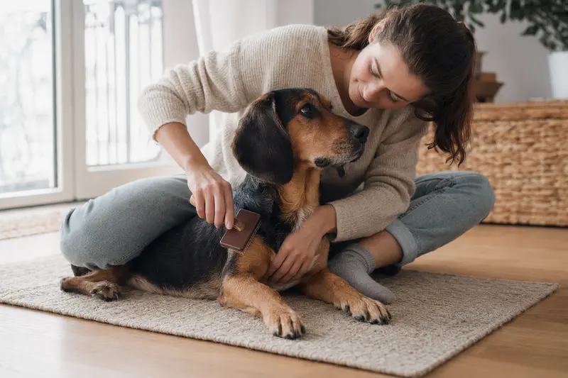 Eine Besitzerin bürstet eine Hochgebirgsbracke sanft in einer hellen Wohnung und zeigt liebevolle Fellpflege beim Hund.