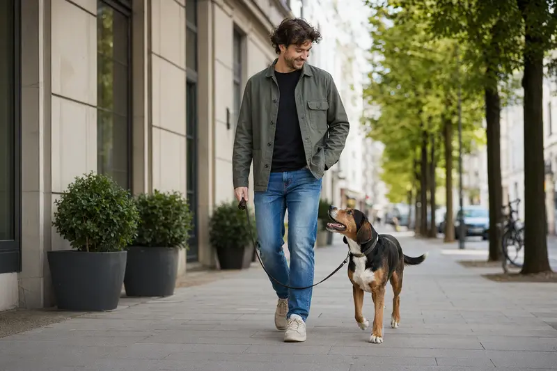 Ein Hochgebirgsbracke Hund läuft an der Leine mit seinem Besitzer durch eine freundliche moderne Stadtstraße.