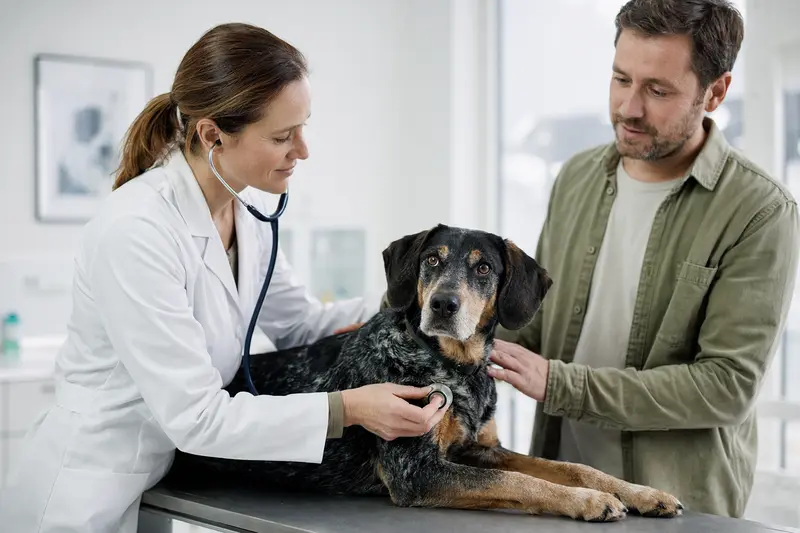 Ein ruhiger Hochgebirgsbracke Hund wird von einer freundlichen Tierärztin in einer modernen Praxis untersucht.