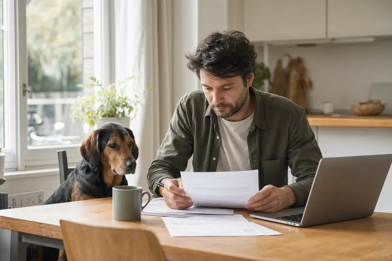 Ein Hochgebirgsbracke Hund sitzt geduldig neben seinem Besitzer am Küchentisch, der mit Versicherungsunterlagen und einem Laptop versehen ist.