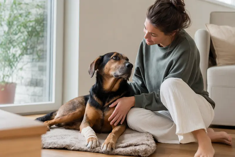 Ein Hochgebirgsbracke Hund mit Verband an der Pfote liegt entspannt auf einer Decke neben seinem erleichterten Besitzer.