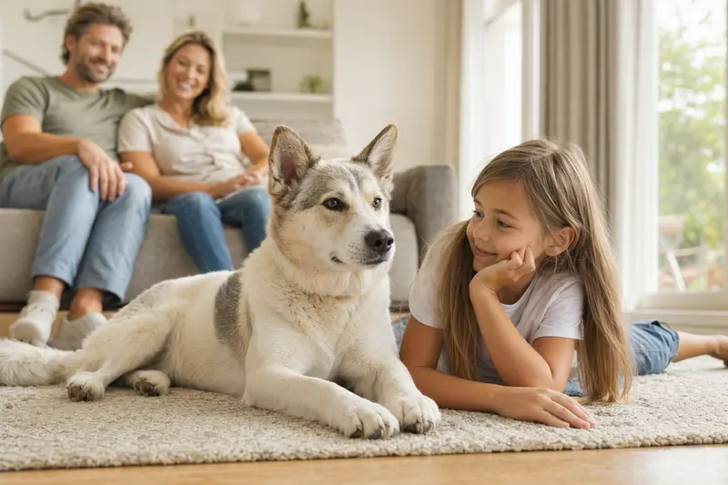 Ein Hokkaido Hund liegt entspannt neben einem Kind im hellen Wohnzimmer, während die Eltern im Hintergrund eine sichere Familienatmosphäre schaffen.
