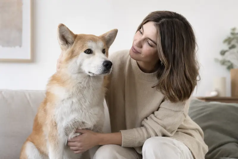 Aufmerksamer Hokkaido Hund in natürlicher Haltung vor hellem Hintergrund, als realistisches Tierportrait mit weichem Licht und klaren Details.