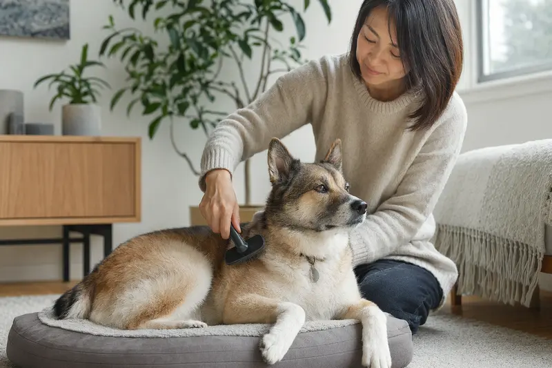 Ein Hokkaido Hund wird in einer hellen Wohnung sanft gebürstet, während sein Besitzer sich liebevoll um die Fellpflege kümmert.