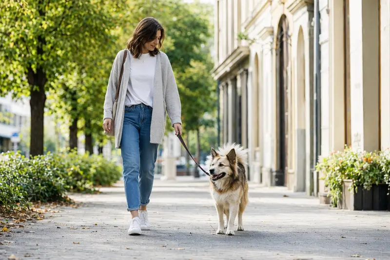 Ein Hokkaido Hund läuft an der Leine mit seinem Besitzer durch eine freundliche moderne Stadtstraße.
