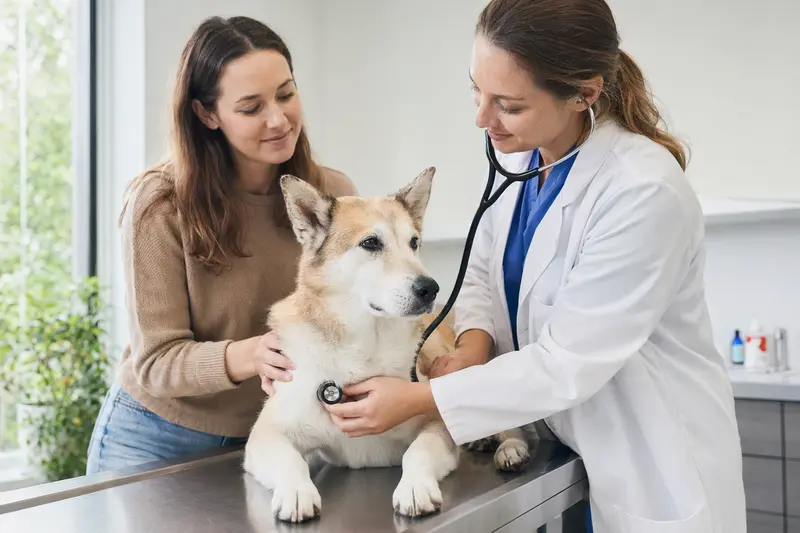 Eine freundliche Tierärztin untersucht behutsam einen ruhigen Hokkaido Hund auf einem Untersuchungstisch in einer modernen Tierarztpraxis.