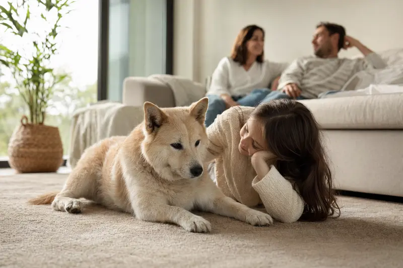 Ein freundlicher Hokkaido Hund liegt entspannt neben einem Kind im Wohnzimmer in einer hellen Familienatmosphäre.