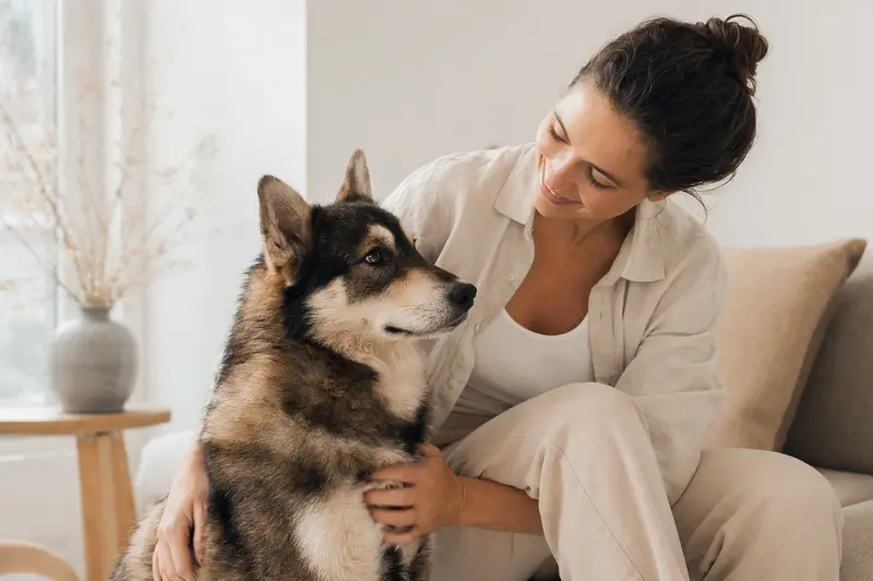 Ein aufmerksamer Hokkaido Hund steht in natürlicher Haltung vor hellem Hintergrund und zeigt die typischen Merkmale der Hunderasse.