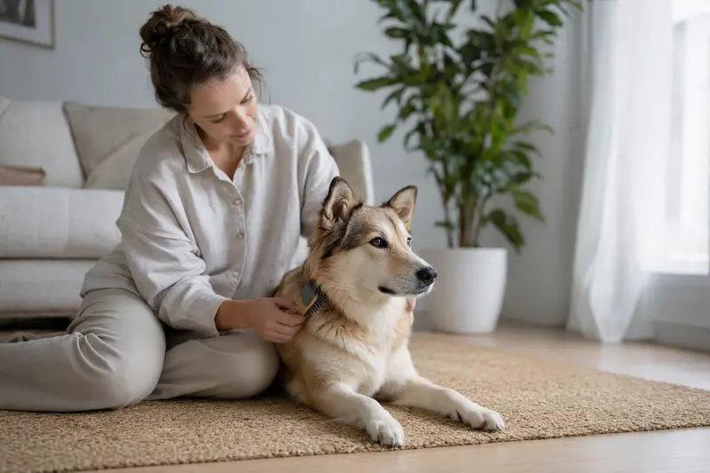 Ein Hokkaido Hund wird in einer hellen Wohnung sanft gebürstet, während sich der Besitzer liebevoll um die Fellpflege kümmert.