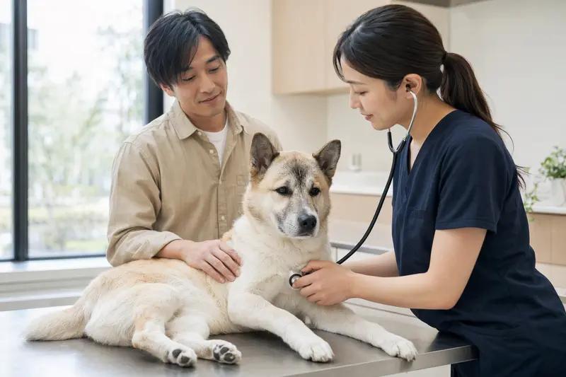 Eine Tierärztin untersucht einen ruhigen Hokkaido Hund mit dem Stethoskop, während der Besitzer in der modernen Tierarztpraxis beruhigend danebensteht.