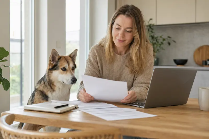 Ein Hokkaido Hund sitzt ruhig neben seinem Besitzer am Küchentisch mit Versicherungsunterlagen und Laptop zur Hundekrankenversicherung.