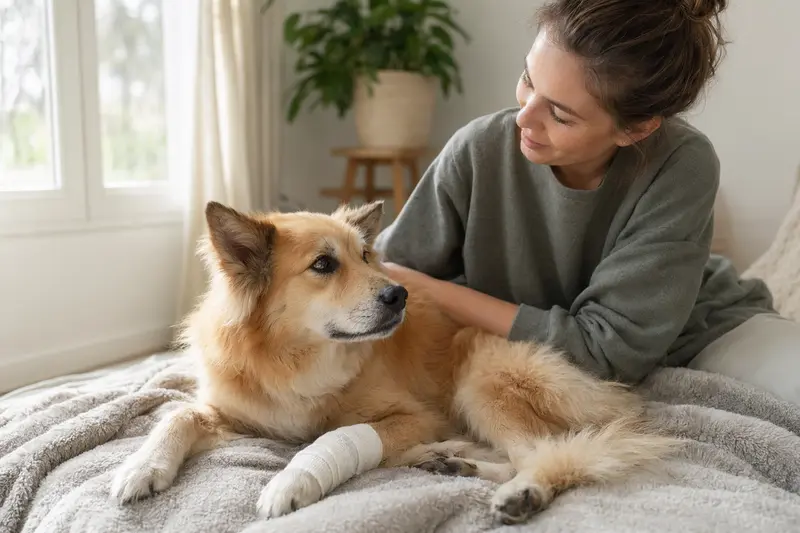 Hokkaido Hund mit leichtem Verband an der Pfote liegt ruhig auf einer Decke, während sein Besitzer erleichtert neben ihm sitzt.