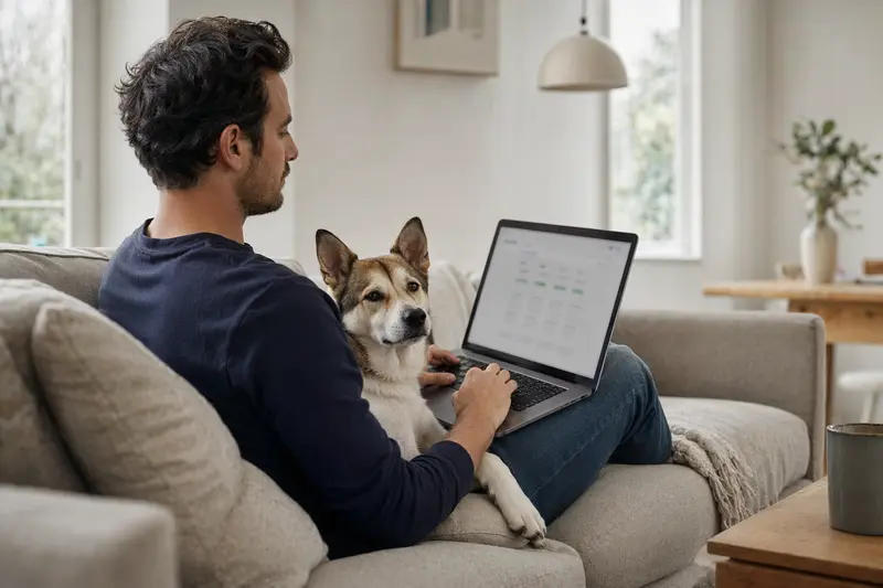 Ein Hundebesitzer sieht entspannt neben seinem Hokkaido Hund auf dem Sofa mit einem Laptop aus, während eine unauffällige Versicherungsvergleichsoberfläche auf dem Bildschirm zu sehen ist.