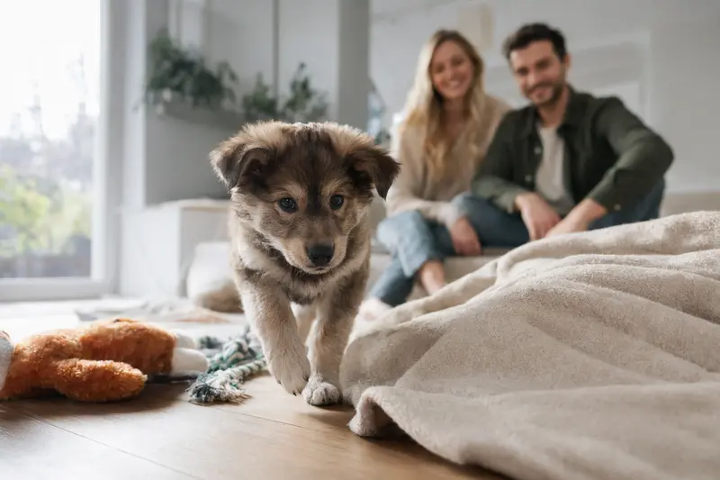 Ein junger Hokkaido-Welpe erkundet neugierig sein neues Zuhause mit weicher Decke und Spielzeug in einer hellen, freundlichen Wohnung.