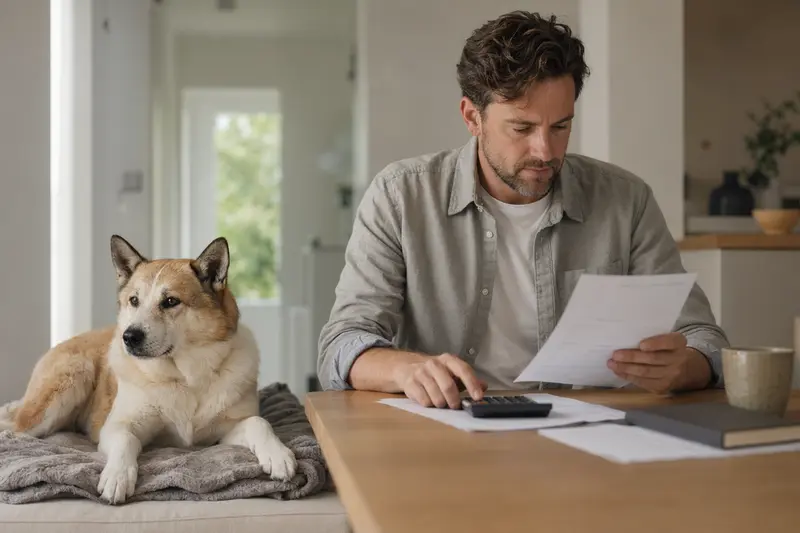Ein Hundebesitzer sitzt mit einer Tierarztrechnung am Tisch, während ein entspannter Hokkaido-Hund auf einer Decke liegt – ein passendes Bild zum Thema Hundekrankenversicherung.