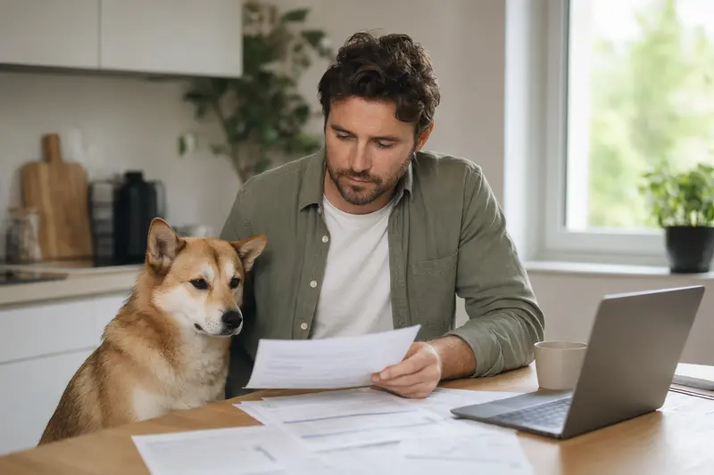 Ein Hokkaido Hund sitzt entspannt neben seinem Besitzer am Küchentisch, auf dem Versicherungsunterlagen und ein Laptop liegen.