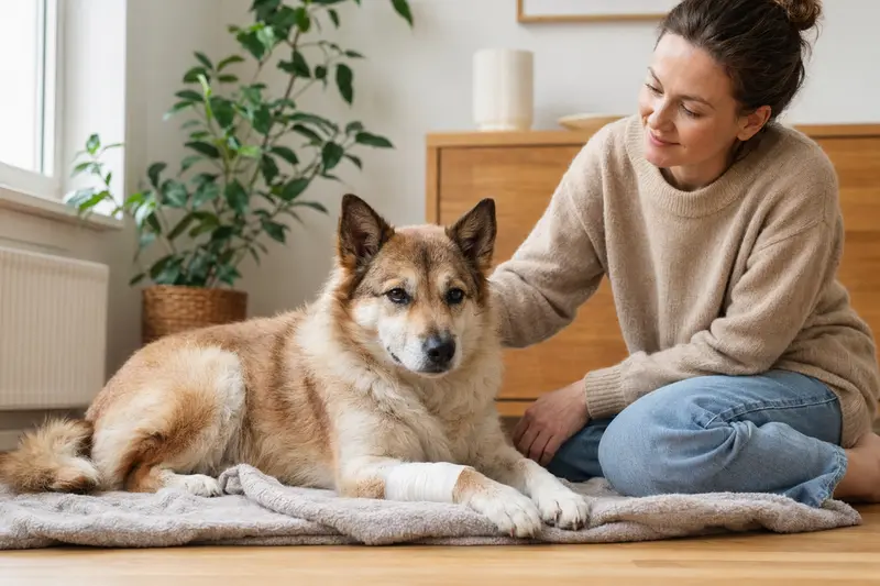 Ein Hokkaido Hund mit Verband an der Pfote liegt entspannt auf einer Decke neben seinem erleichterten Besitzer in einer hellen Wohnung.