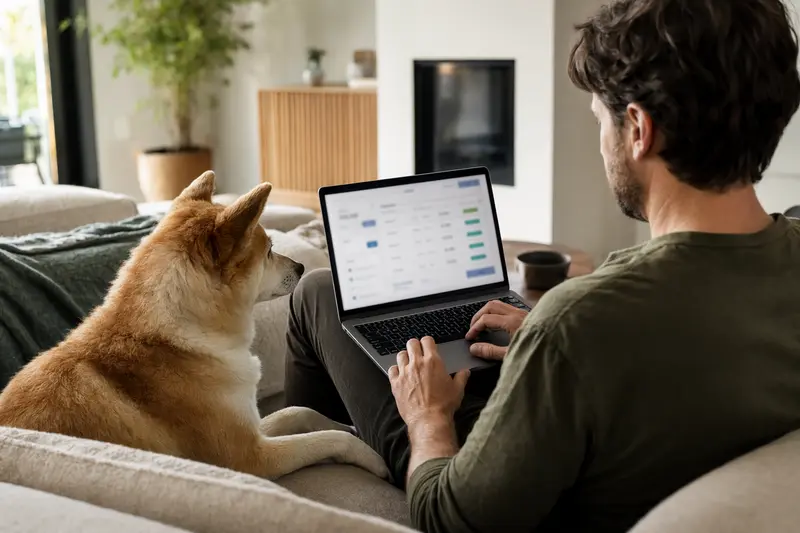 Ein Hundebesitzer sitzt mit einem Laptop auf dem Sofa, während ein Hokkaido Hund entspannt neben ihm liegt.