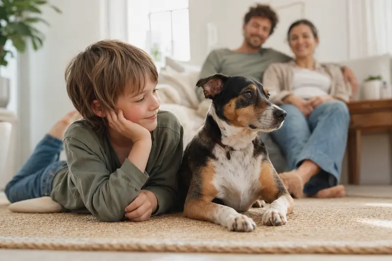 Ein Holländischer Rattler liegt entspannt neben einem Kind im hellen Wohnzimmer, während die Eltern im Hintergrund eine sichere Familienatmosphäre schaffen.