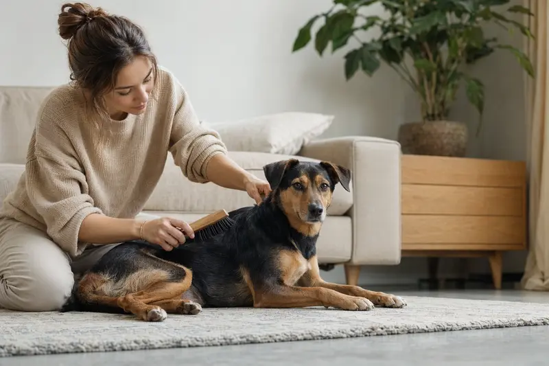 Ein Holländischer Rattler wird zuhause von seinem Besitzer sanft gebürstet, was die liebevolle Fellpflege und verantwortungsvolle Hundegesundheit zeigt.