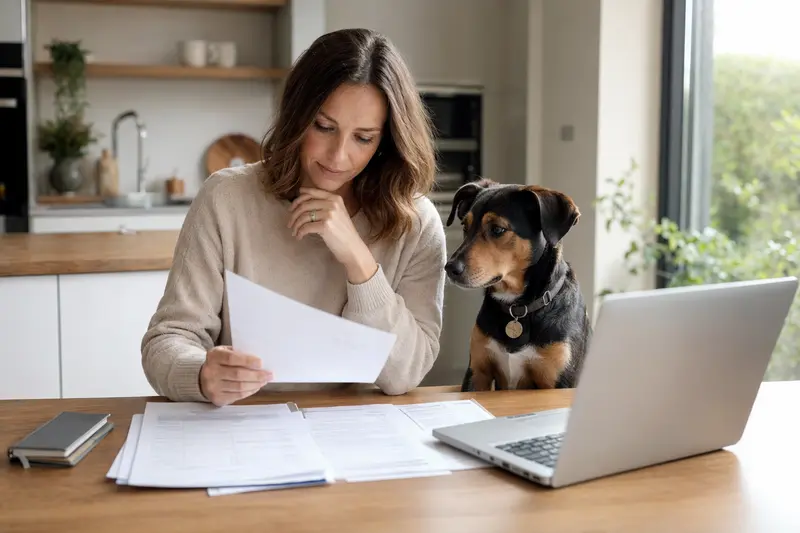 Ein Holländischer Rattler Hund sitzt ruhig neben seinem Besitzer am Küchentisch mit Versicherungsunterlagen und einem Laptop.