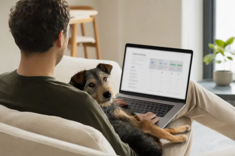 Ein Besitzer sitzt auf dem Sofa mit einem Laptop, während ein Holländischer Rattler Hund daneben liegt und eine Versicherungsvergleichsseite zeigt.