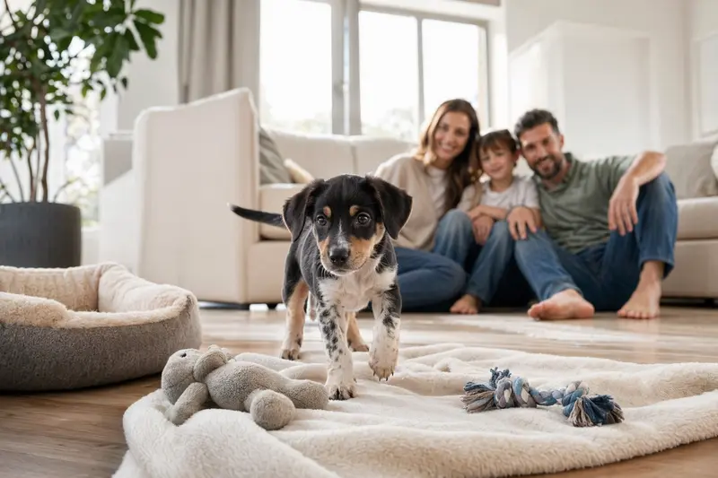 Ein neugieriger Holländischer Rattler Welpe erkundet sein neues Zuhause mit einer weichen Decke und Spielzeug, während eine liebevolle Familie im Hintergrund zu sehen ist.