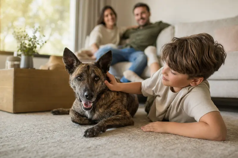 Ein Holländischer Schäferhund liegt entspannt neben einem Kind im hellen Wohnzimmer, während die Eltern im Hintergrund eine sichere Familienatmosphäre schaffen.