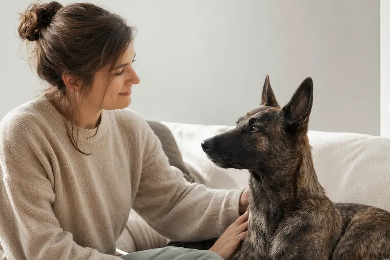 Ein aufmerksamer Holländischer Schäferhund steht in natürlicher Haltung vor hellem Hintergrund.