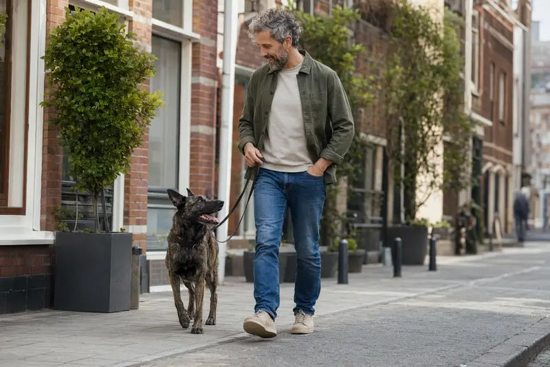 Ein Holländischer Schäferhund läuft an der Leine mit seinem Besitzer durch eine moderne Stadtstraße.