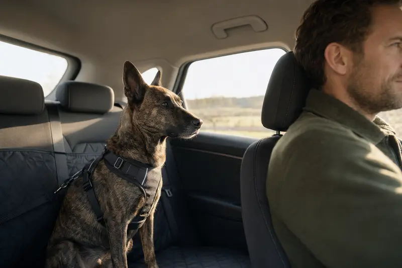 Ein sicher angeschnallter Holländischer Schäferhund im Auto, während der Besitzer entspannt fährt und Sonnenlicht durch das Fenster scheint.