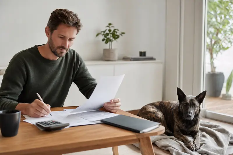 Ein Hundehalter sitzt mit einer Tierarztrechnung am Tisch, während ein entspannter Holländischer Schäferhund auf einer Decke liegt und den ruhigen Umgang mit Tierarztkosten im Kontext einer Hundekrankenversicherung zeigt.
