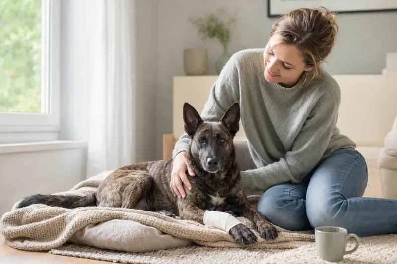 Ein ruhiger Holländischer Schäferhund mit Verband an der Pfote liegt neben seinem erleichterten Besitzer auf einer Decke in einer hellen Wohnung.