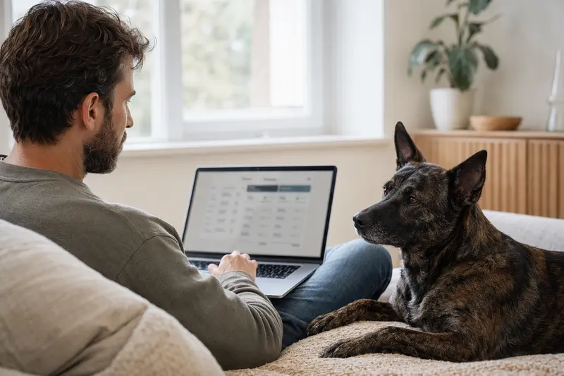 Ein Hundebesitzer sitzt mit Laptop auf dem Sofa, während ein Holländischer Schäferhund neben ihm liegt.