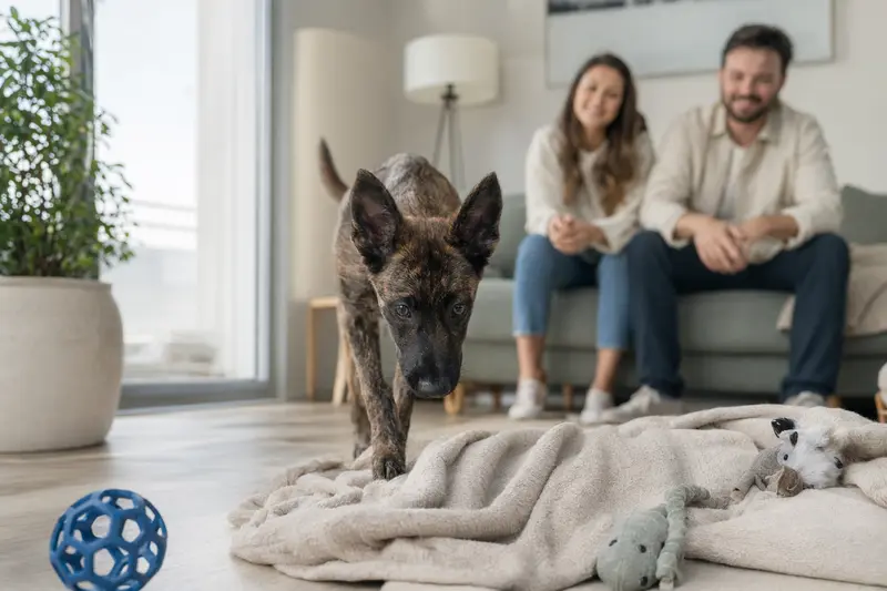 Ein junger Holländischer Schäferhund Welpe erkundet neugierig sein neues Zuhause mit einer weichen Decke und einem Spielzeug.