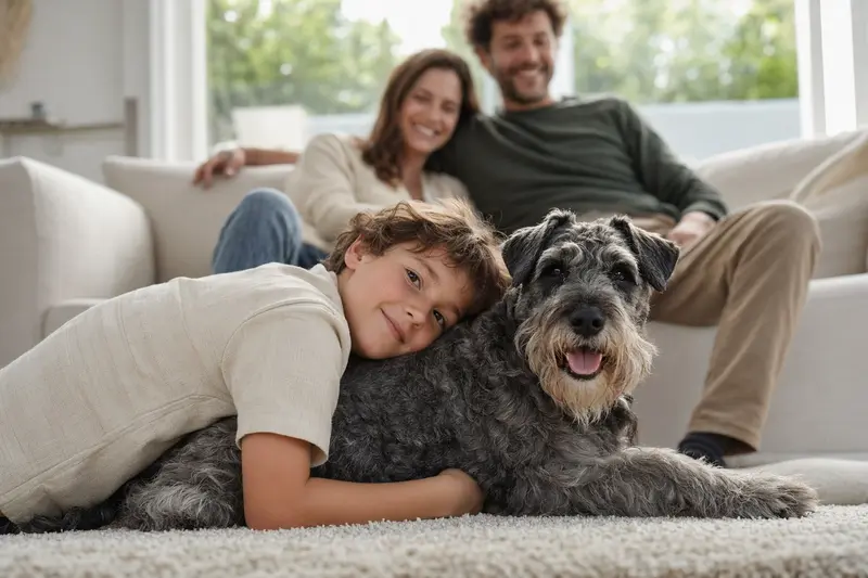Ein Holländischer Schnauzer liegt entspannt neben einem Kind im Wohnzimmer, während die Eltern im Hintergrund eine warme und sichere Familienatmosphäre schaffen.