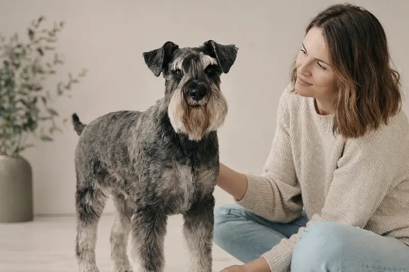 Ein aufmerksamer Holländischer Schnauzer steht in natürlicher Haltung vor hellem, neutralem Hintergrund.