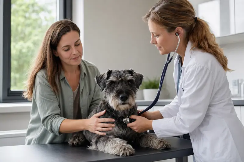 Ein ruhiger Holländischer Schnauzer wird von einer Tierärztin mit einem Stethoskop in einer modernen Praxis untersucht, während der Besitzer beruhigend danebensteht.