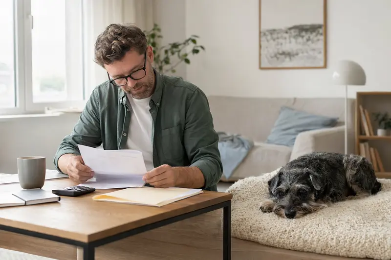 Ein Hundehalter sitzt mit einer Tierarztrechnung am Tisch, während ein entspannter Holländischer Schnauzer auf einer Decke liegt und die Situation ruhig wirkt.