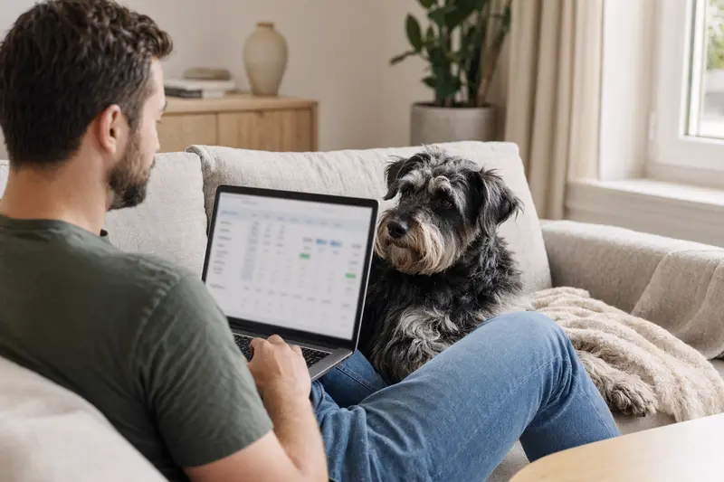 Ein Hundebesitzer sitzt entspannt mit einem Laptop auf dem Sofa, während ein Holländischer Schnauzer danebenliegt und eine Versicherungsvergleichsseite betrachtet.