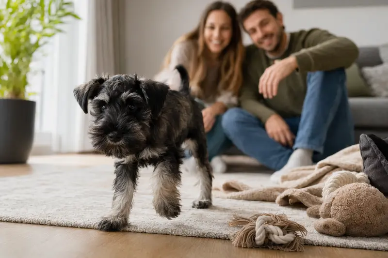 Ein neugieriger Holländischer Schnauzer Welpe entdeckt seine neue Umgebung in einer freundlichen Wohnung.