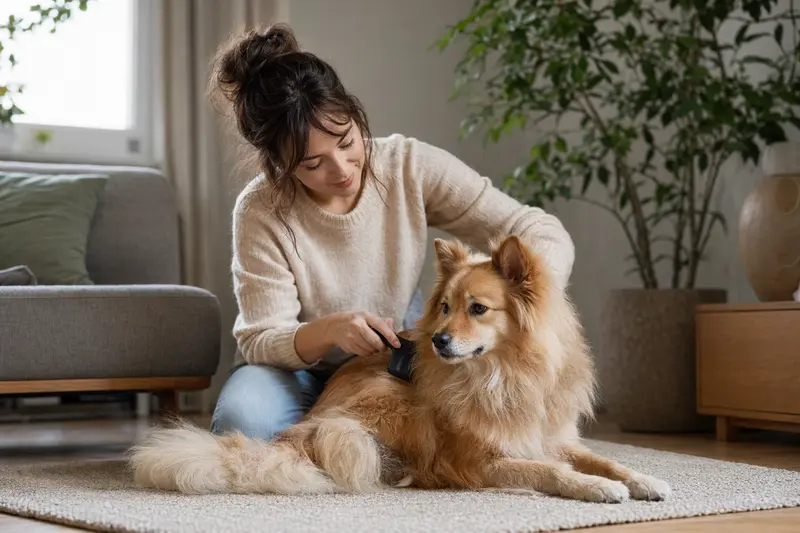 Ein Holländischer Spitz wird zuhause von seinem Besitzer sanft gebürstet, was die liebevolle Fellpflege und verantwortungsvolle Hundegesundheit betont.